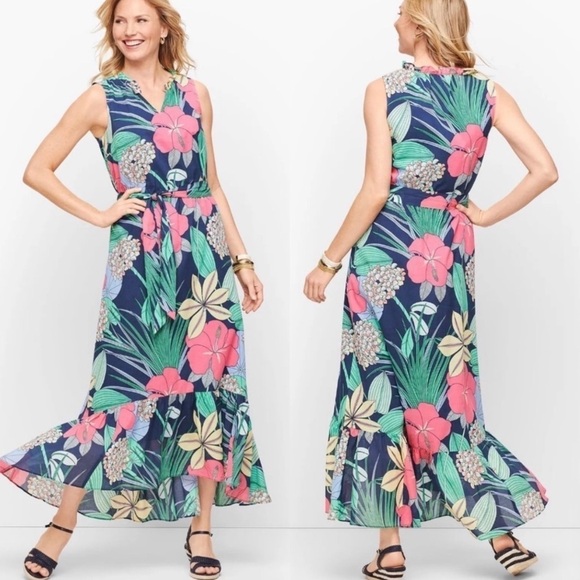 NWT Talbots Cotton Voile Hibiscus Sleeveless Ruffle Maxi Dress - Picture 1 of 9
